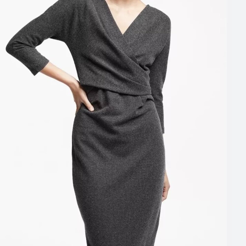 Weekend Max Mara Giglio Wrap Herringbone Grey Sheath Midi Dress Size M